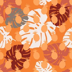 Tapeten Orange Nahtloses Muster mit dekorativer Ananas. Polygone. Netter Zeichentrickfilm. Sommergarten. Vektor-Illustration. Kann für Tapeten, Textilien, Einladungskarten, Verpackungen, Webseitenhintergrund verwendet werden.