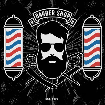 Barbershop Logo with barber pole in vintage style. Vector template