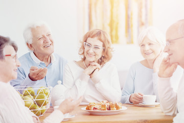 Bright photo of sunday coffee meeting of group of active seniors