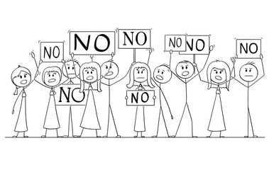 Cartoon stick figure isolated drawing or illustration of group or crowd of protesters protesting with No signs.