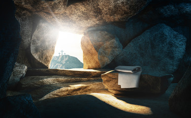 Tomb empty with shroud and crucifixion, 3d rendering - obrazy, fototapety, plakaty