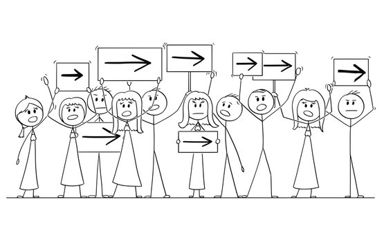 Cartoon stick figure isolated drawing or illustration of group or crowd of protesters protesting with arrow signs pointing your right.