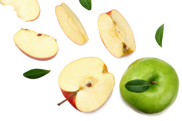 green and red apples with slices isolated on white background. top view