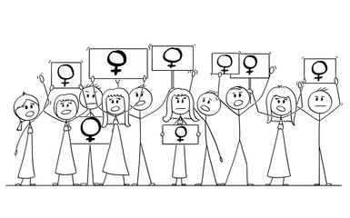 Cartoon stick figure isolated drawing or illustration of group or crowd of protesters protesting with female gender symbol on signs.
