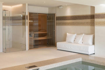 Indoor pool of private villa with lake view and bar area