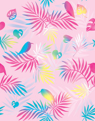  Watercolor pattern with neon effect. Pattern with colorful birds and colorful tropical leaves on a pink background.
