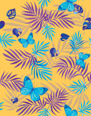 Fototapeta na wymiar Watercolor pattern in neon color with blue butterflies and blue-violet leaves on an orange background.