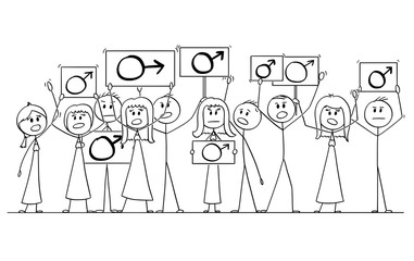 Cartoon stick figure isolated drawing or illustration of group or crowd of protesters protesting with male gender symbol on signs.