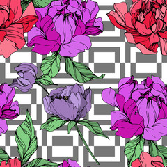 Vector Red and purple peony floral botanical flower. Black and white engraved ink art. Seamless background pattern.