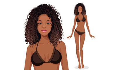 Beautiful curly hair american african fashion model in bikini