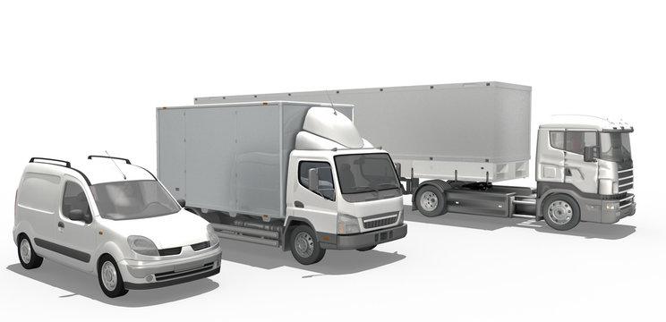 Kleintransporter, LKW und Sattelschlepper, freigestellt. Transport Logistik