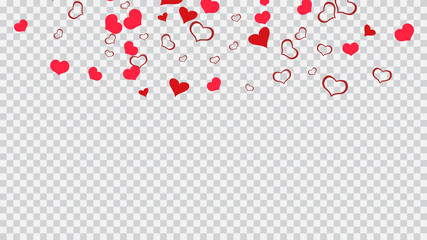 Festive background. The idea of wallpaper design, textiles, packaging, printing, holiday invitation for Valentine's Day. Red on Transparent fond Vector. Red hearts of confetti are flying.