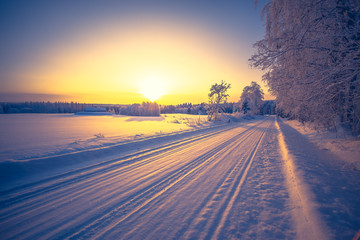 Winter road view from Sotkamo, Finland.