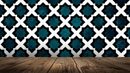 Background of empty room, oriental, arabian patterns on the wall, wallpaper, wooden floor.