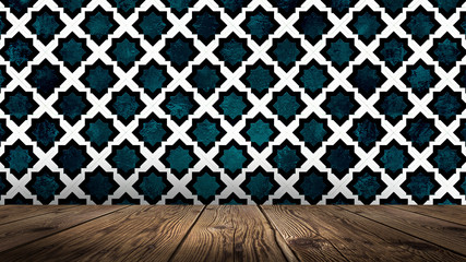 Background of empty room, oriental, arabian patterns on the wall, wallpaper, wooden floor.