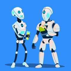 Two Robots Drinking Cocktails And Talking Vector. Isolated Illustration