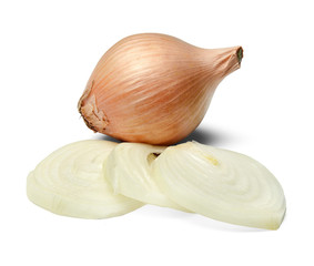 Onions and onion slices on a white isolated background