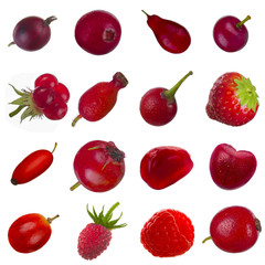 collage of red berries on white background isolated