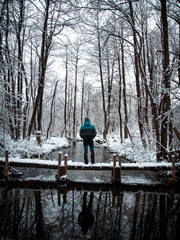 Man person Plitvice lakes of Croatia (Hrvatska) - national park in winter  forest trees nature postcard waterfall