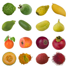set of tropical fruits isolated on white background
