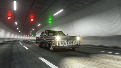 Oldstyle classic car rides through tunnel 3d rendering