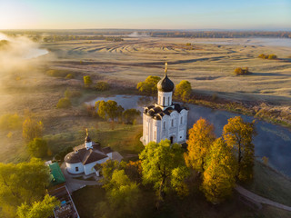 Church of the Intercession of the Holy Virgin on the Nerl River in  morning, Russia. Top view