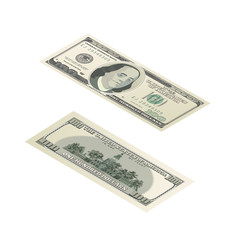 Dummy of one hundred USA dollars banknote, front and back detailed coupure in isometric view on white