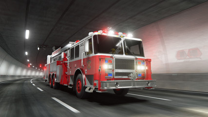 Fire Truck rides through tunnel 3d rendering