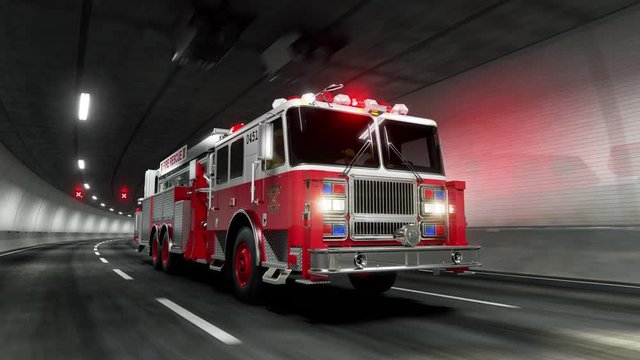 Fire Truck rides through tunnel 3d rendering