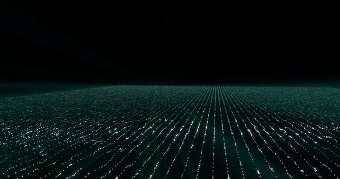 Grid of Dots sparkly and glowing moving and shiny on black background. Cloud of dust moving from order to chaos and disperse dots from a grid