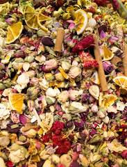 Dried medicinal herbs, background.