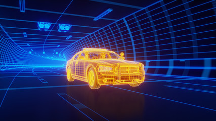 Yellow wireframe Police car rides through Blue tunnel 3d rendering
