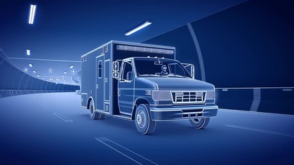 Ambulance car rides through tunnel 3d rendering
