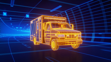 Yellow wireframe Ambulance car rides through Blue tunnel 3d rendering © temp-64GTX