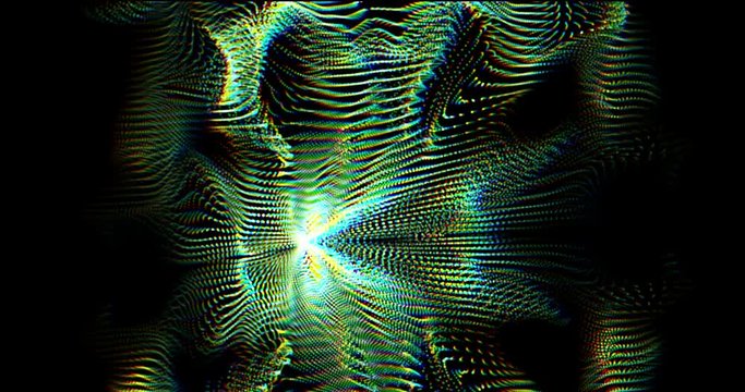 Grid system with rainbow colored dots moving in 3d space as waves. False color 3d pattern simulation in scifi footage