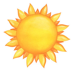 Sun hand drawn watercolor element isolated on white background. Weather clip art.