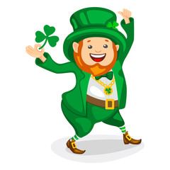Funny leprechaun character for a party in honor of St. Patrick's Day. Cute gnome in green costume holding a green clover. Vector illustration in cartoon style.