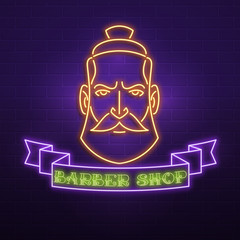 Neon sign barber shop. Banner ribbon and a man's face, the inscription. On the background of a brick wall. Vector illustration.