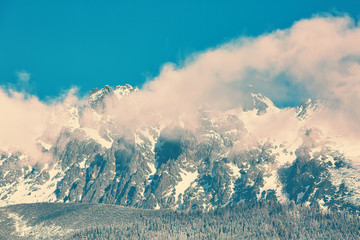Obrazy na Szkle  Góry w śniegu pokryte modrzewiami w Tatrzańskiej Łomnicy, popularnym miejscu podróży i ośrodku narciarskim na Słowacji