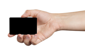 Hand holding a black card, isolated on white background