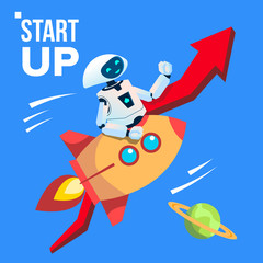 Robot Going By Space Rocket Vector. Start Up. Isolated Illustration