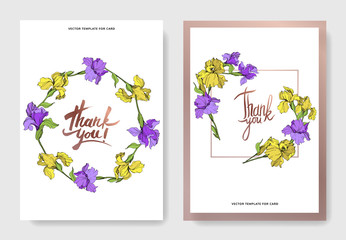 Vector Yellow and purple iris botanical flower. Engraved ink art. Wedding background card floral decorative border.