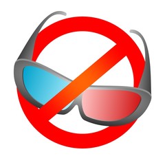 Red prohibition sign with black design 3D movie glasses for cinema and 3D TV with blue and red glass. Prohibit the use 3D electronic. Do not use glasses on a white background 