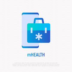 Telemedicine gradient flat icon: first-aid kit on screen of smartphone. Modern vector illustration of online medical consultant.
