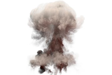 big blast 3D illustration of detailed fire mushroom cloud explosion with flames and smoke, it looks like super bomb or any other big explosive isolated on white background