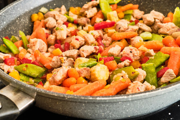 Vegetables with meat on frying pan