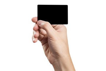 Hand holding a black card, isolated on white background