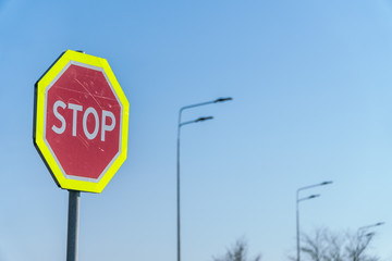 place for text, day, road sign. stop on blue sky