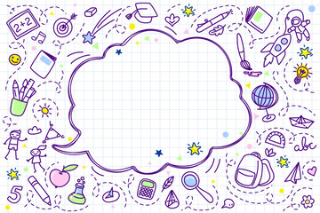 Concept of education. School background with hand drawn school supplies and comic speech bubble