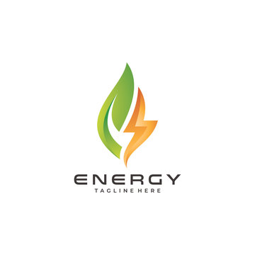 Modern Energy Logo, Leaf and Thunder Lightning Vector Icon